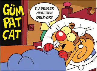 Çizgi romandan bir kare: “GÜM PAT ÇAT!” Fındık yatağında “Bu sesler nereden geliyor?” diye soruyor.