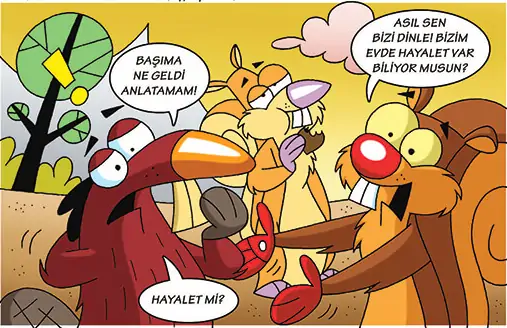 Çizgi romandan bir kare: Fındık, Fıstık ve Dişlek bir araya gelmiş, konuşuyorlar.