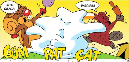 Çizgi romandan bir kare: Fındık ve arkadaşları büyük bir karmaşanın içinde, “GÜM PAT ÇAT!”